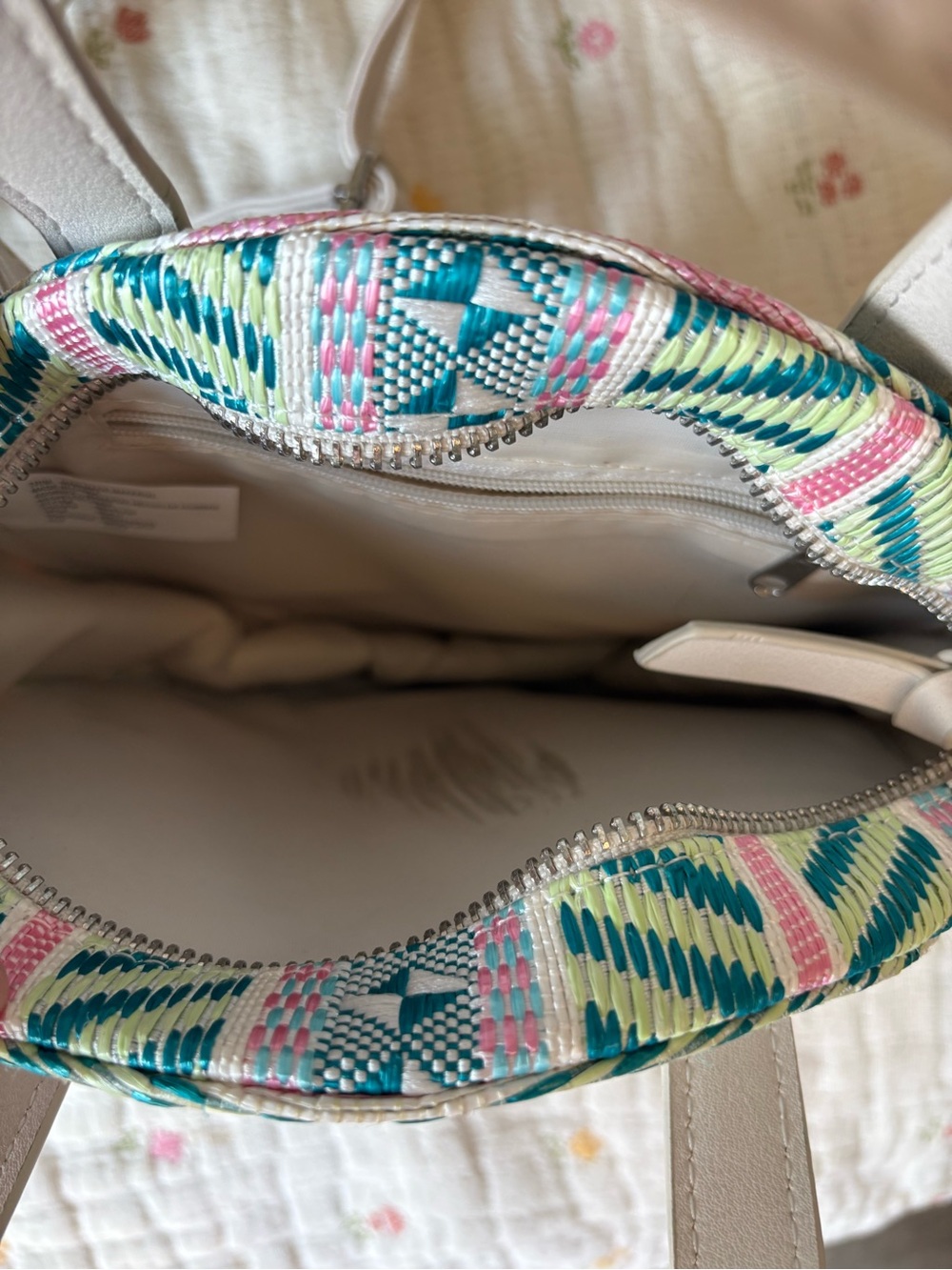 Unique Round Woven Colorful Crossbody Bag in Teal, Cream & Pink - Picture 9 of 10